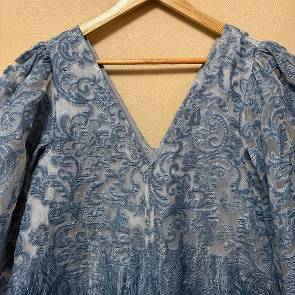Ganni Feather-trim Brocade Mini Dress Mid Blue Size 34 XS - Picture 9 of 16